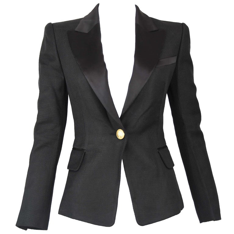 Balmain Black Pique Blazer with Satin Collar - Size FR 34 For Sale at ...
