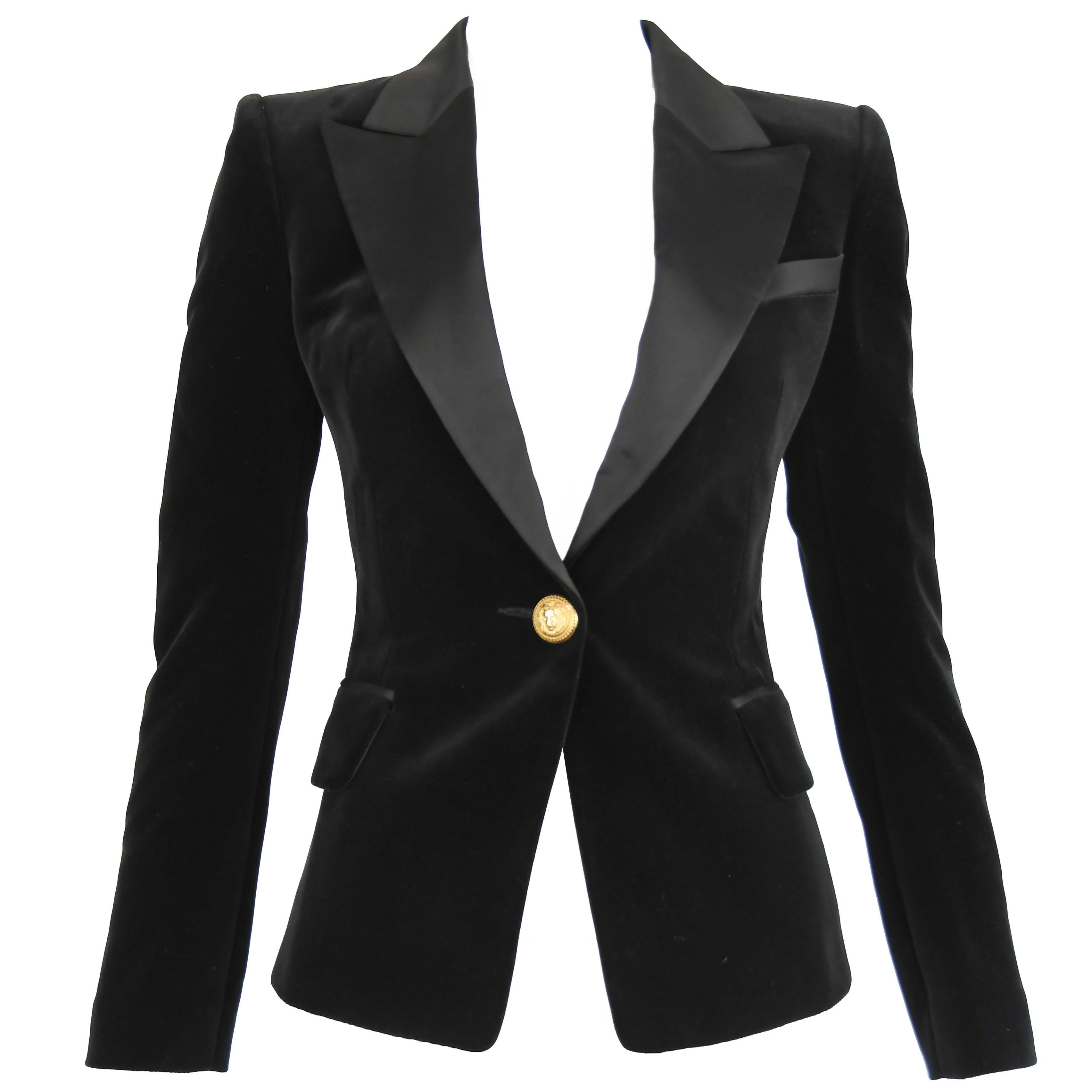 Balmain Black Velvet Blazer with Satin Collar - Size FR 34 For Sale