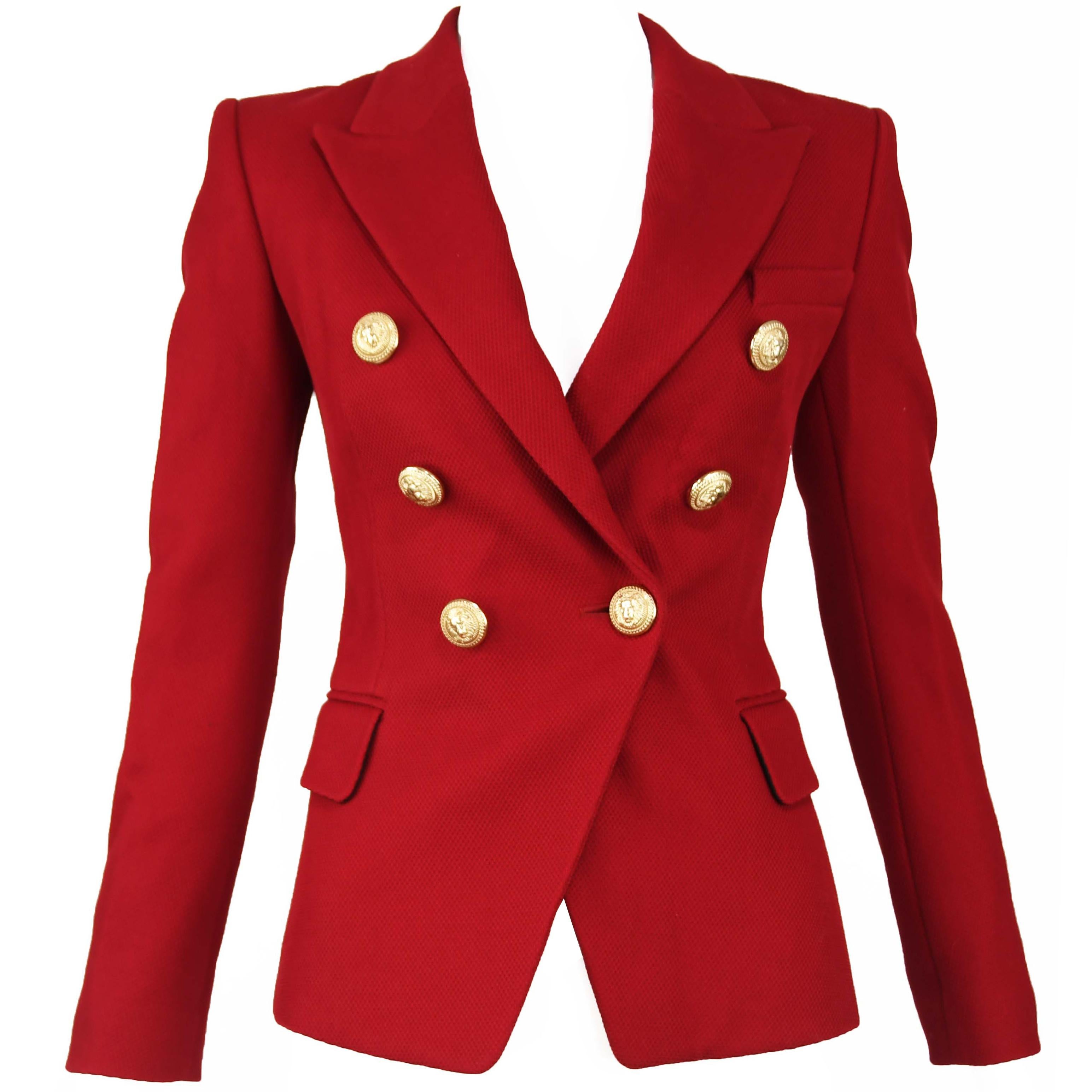 Balmain Dark Red Pique Double Breasted Blazer - Size FR 34 For Sale at ...