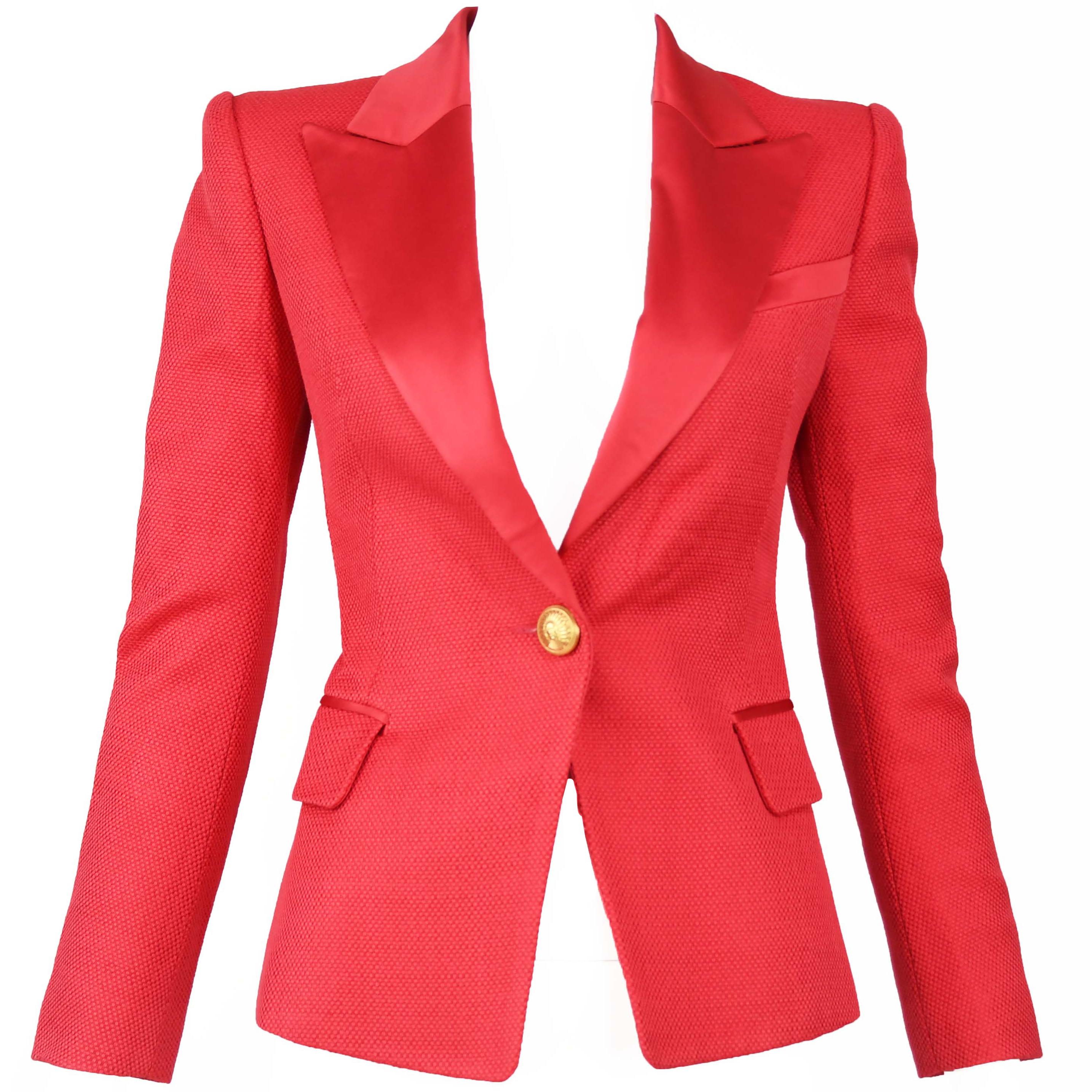 Balmain Red Pique Blazer with Satin Collar - Size FR 34 For Sale