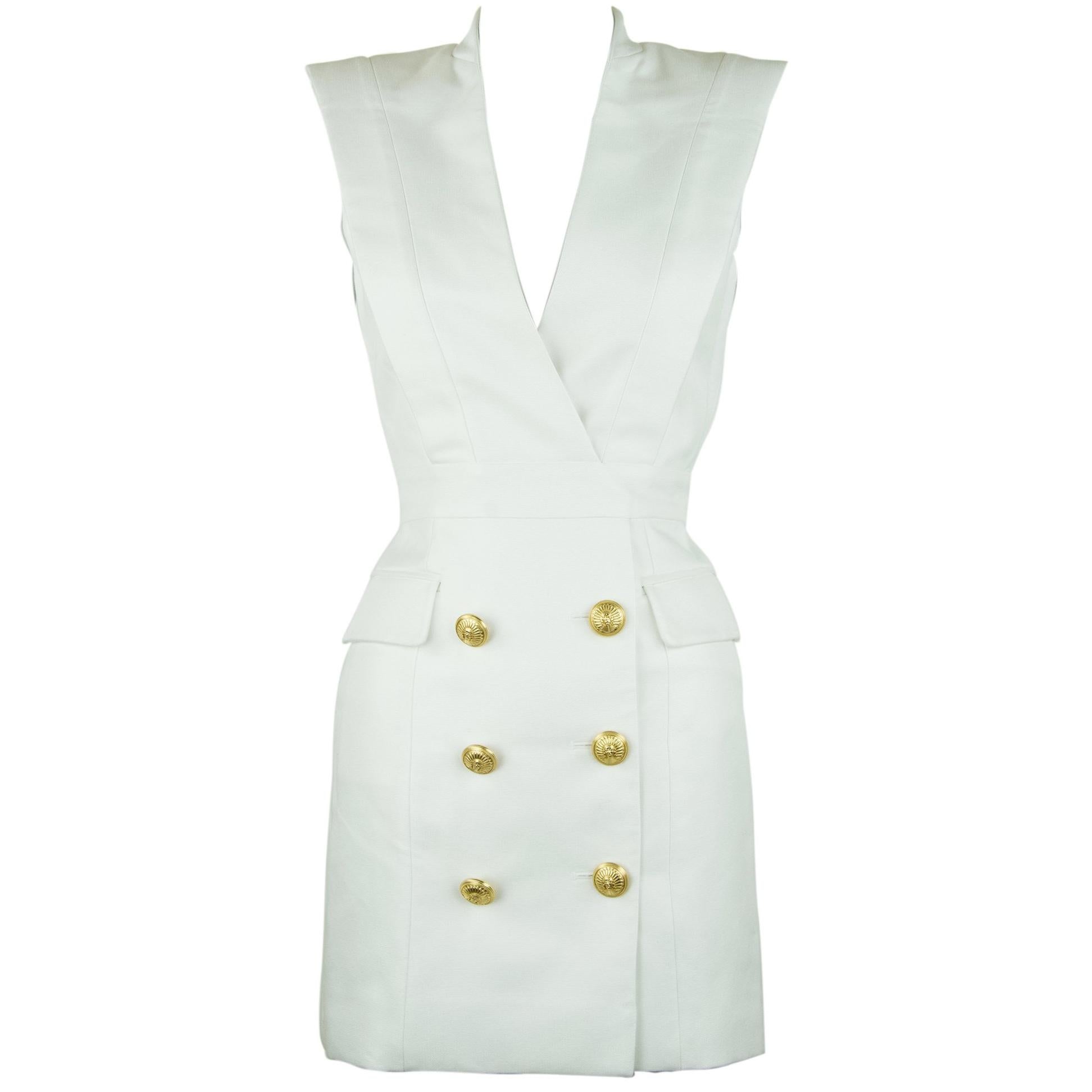 Balmain White Sleeveless Double Breasted Dress For Sale