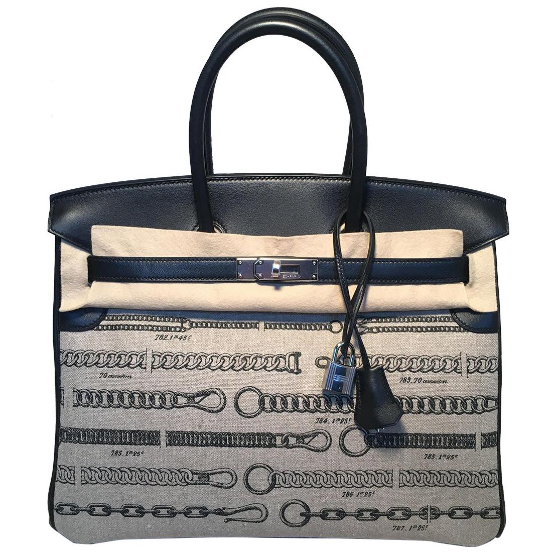 NWOT Limited Edition Hermes Toile de Camp Dechainee Canvas Black 35cm Birkin Bag in excellent condition. Black box calf leather with Toile de Camp Dechainee Canvas knotted rope print exterior trimmed with silver palladium hardware. Signature twist