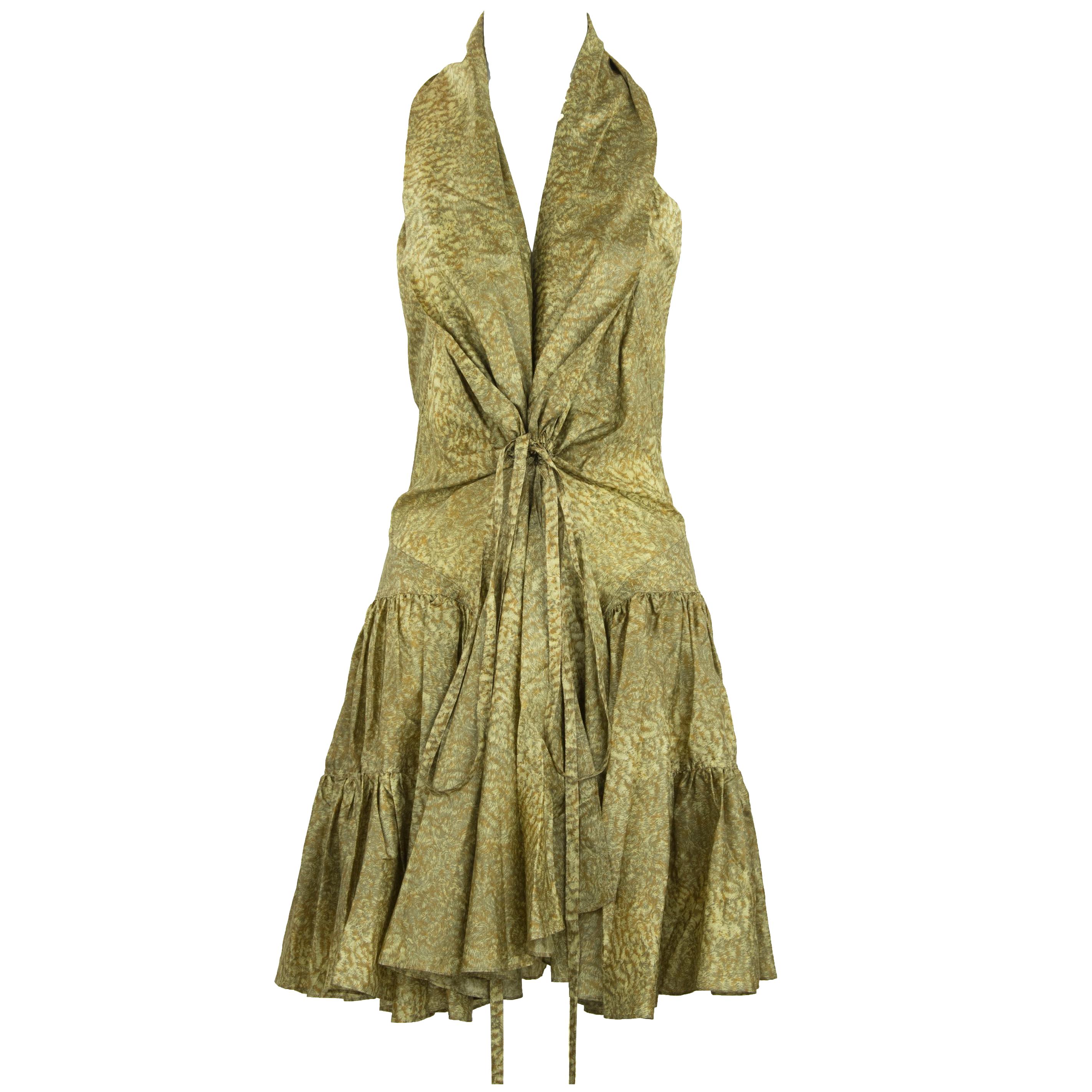 Alaia Green & Brown Printed SIlk Tiered Dress - Size FR 44 For Sale