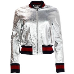 Gucci 2016 Resort Runway Silver Crackled Leather Bomber Jacket w. Web
