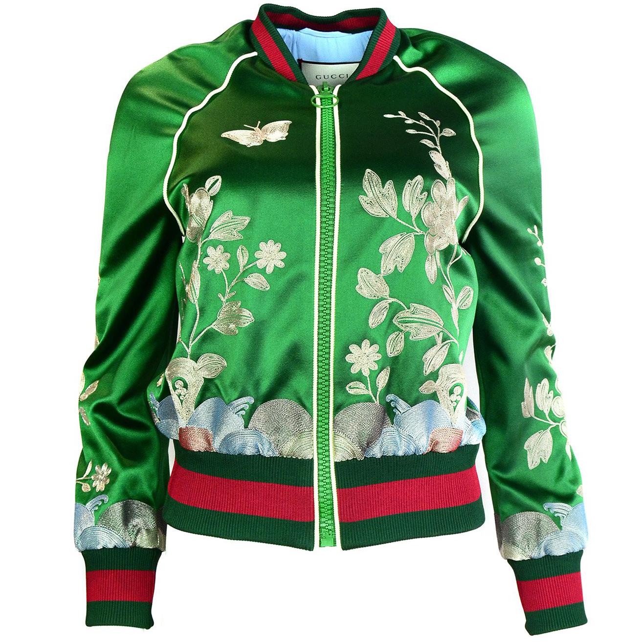 Gucci Green Silk Embroidered Duchesse Bomber Jacket, Spring 2016 