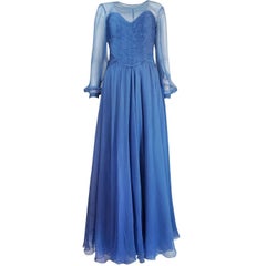 Valentino Haute Couture Beautiful Blue Silk Chiffon Dress, circa 1987