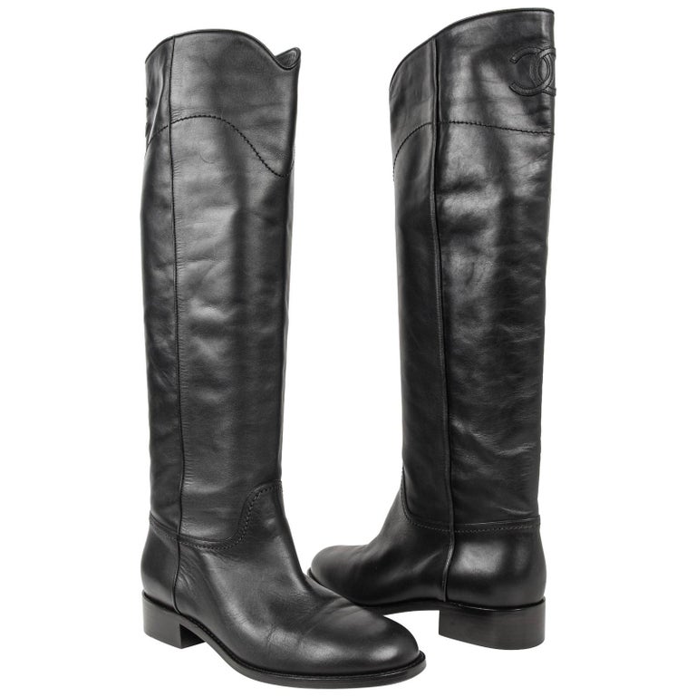 Chanel Boot Black Leather Flat Knee High CC Logo New at