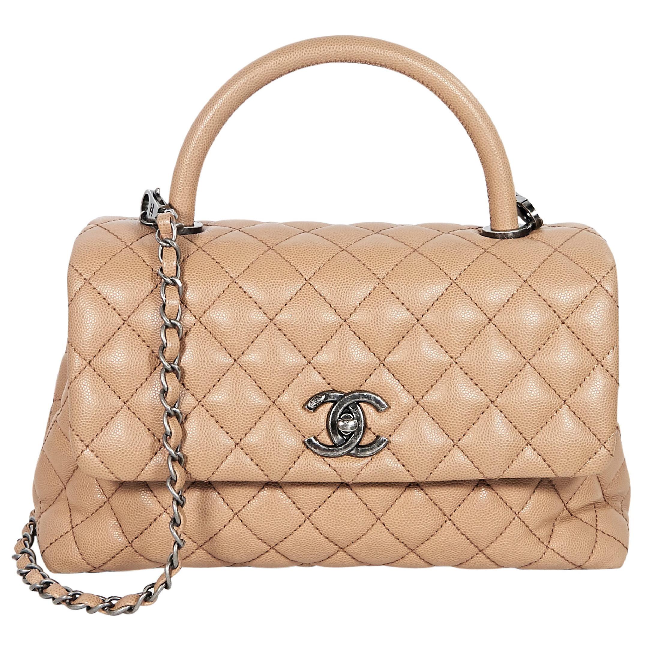 Tan Chanel Quilted Caviar Leather Satchel