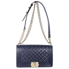 Navy Blue Chanel Leather Boy Shoulder Bag