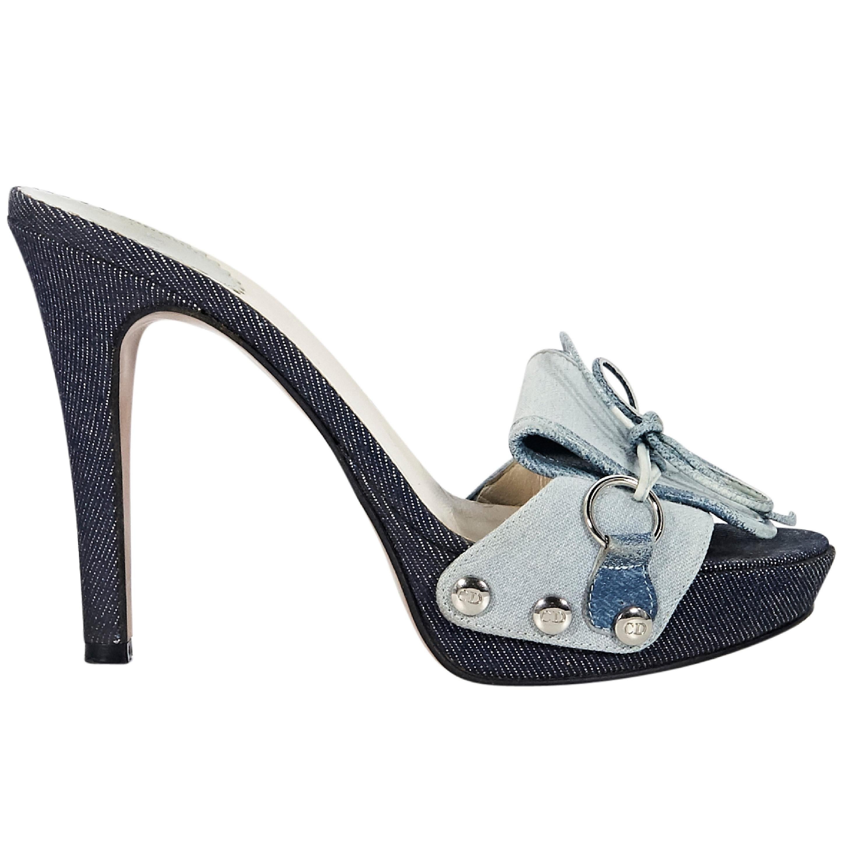 Blue Christian Dior Denim Platform Sandals