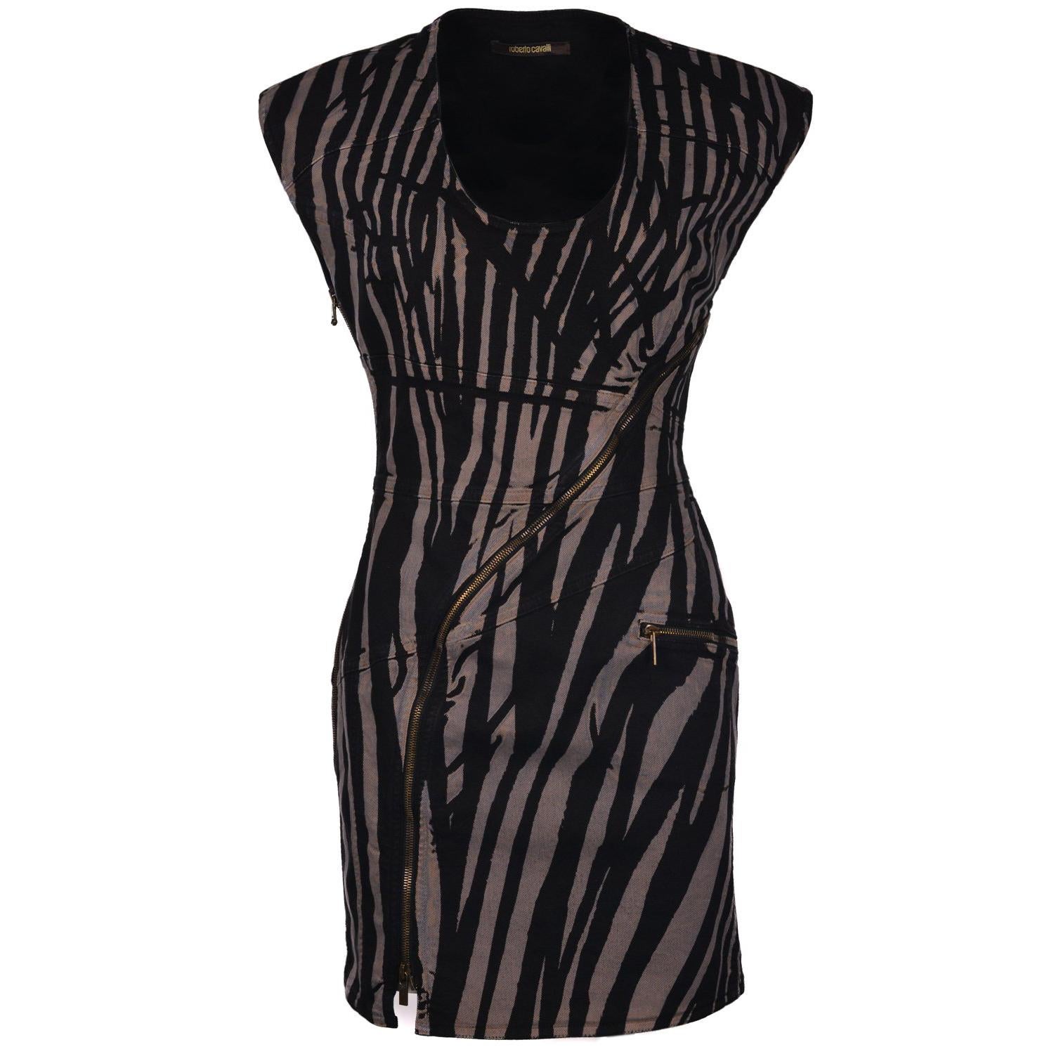 Roberto Cavalli Black Zebra Printed Denim Zipper Dress For Sale