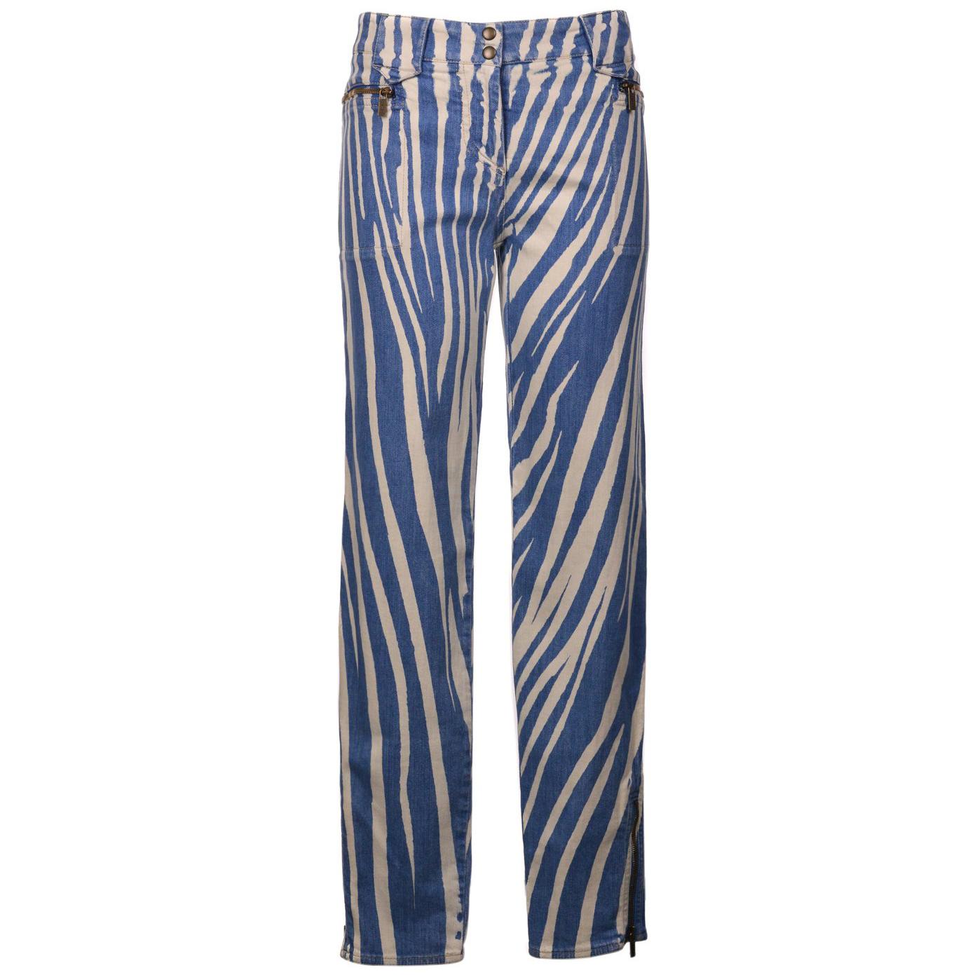 Roberto Cavalli Womens Blue Zebra Print Denim Pants  For Sale