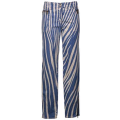 Roberto Cavalli Womens Blue Zebra Print Denim Pants 