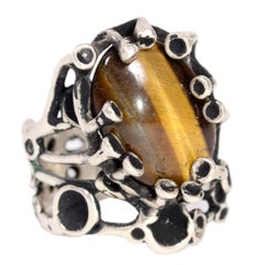 Lee Peck Modernist Brutalist Sterling Silver Ring W Tigers Eye Cabochon Size 10