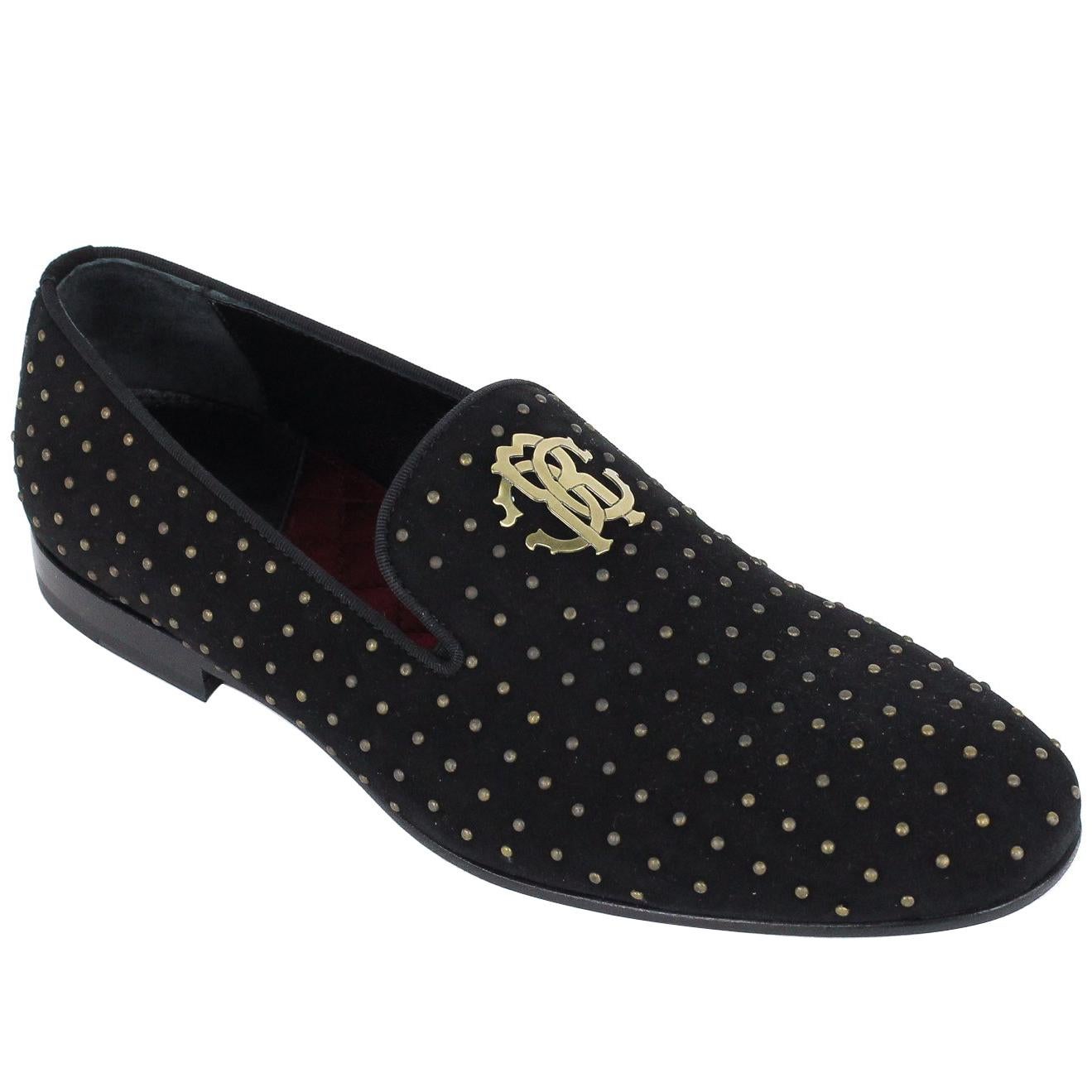 Roberto Cavalli Black Suede Antique Gold Studded Loafers  For Sale