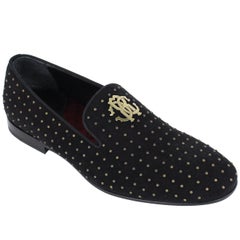 Roberto Cavalli Black Suede Antique Gold Studded Loafers 