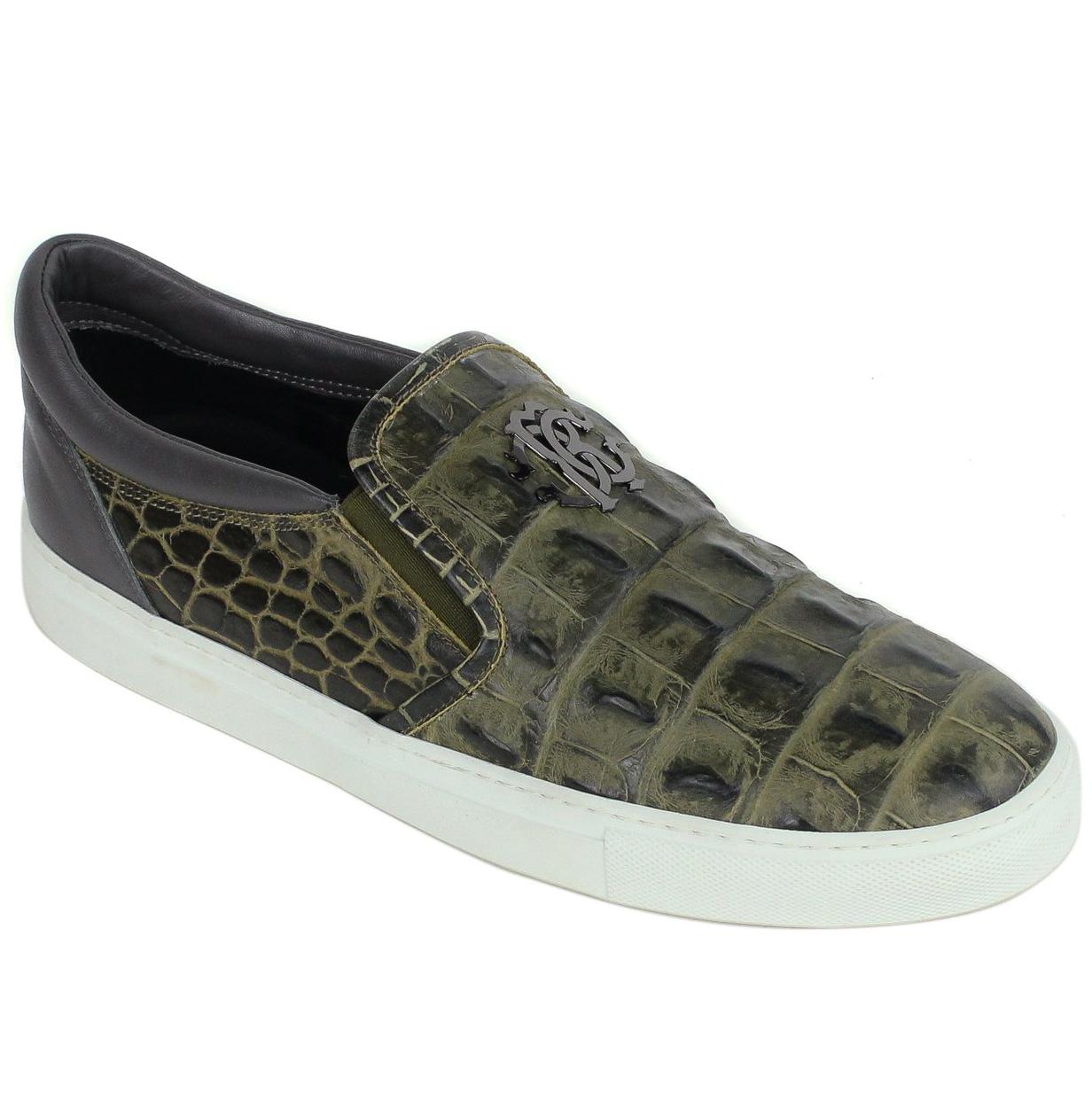 Roberto Cavalli Olive Green Croc Embossed Leather Slip Ons For Sale