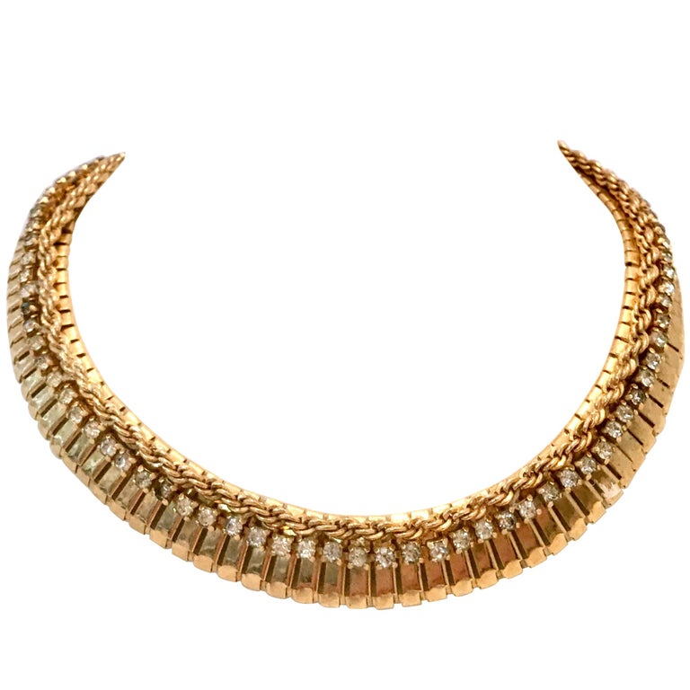 1950'S Gold Gilt and Crystal Rhinestone Choker Link Necklace By, Jewels ...