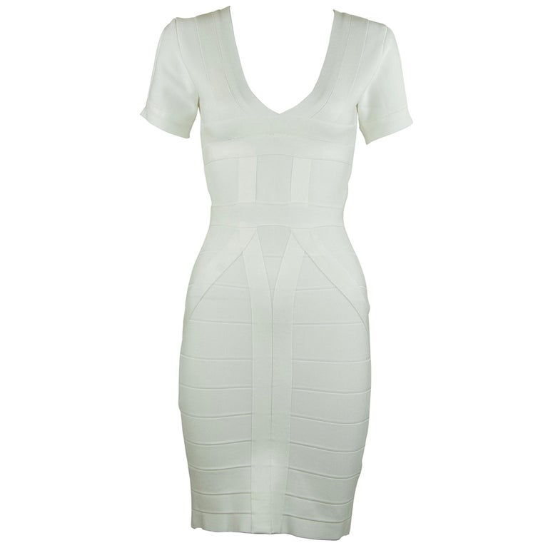 Herve Leger White Short Sleeve Bandage Dress - Size S For Sale at ...