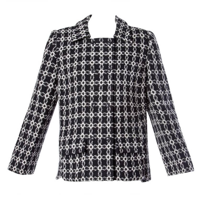 Pierre Cardin Vintage 1960s 60s Black + White Geometric Boxy Wool Jacket en vente