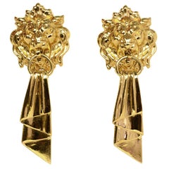 Chanel Vintage Goldtone Lionhead Dangle Clip-on Drop Earrings