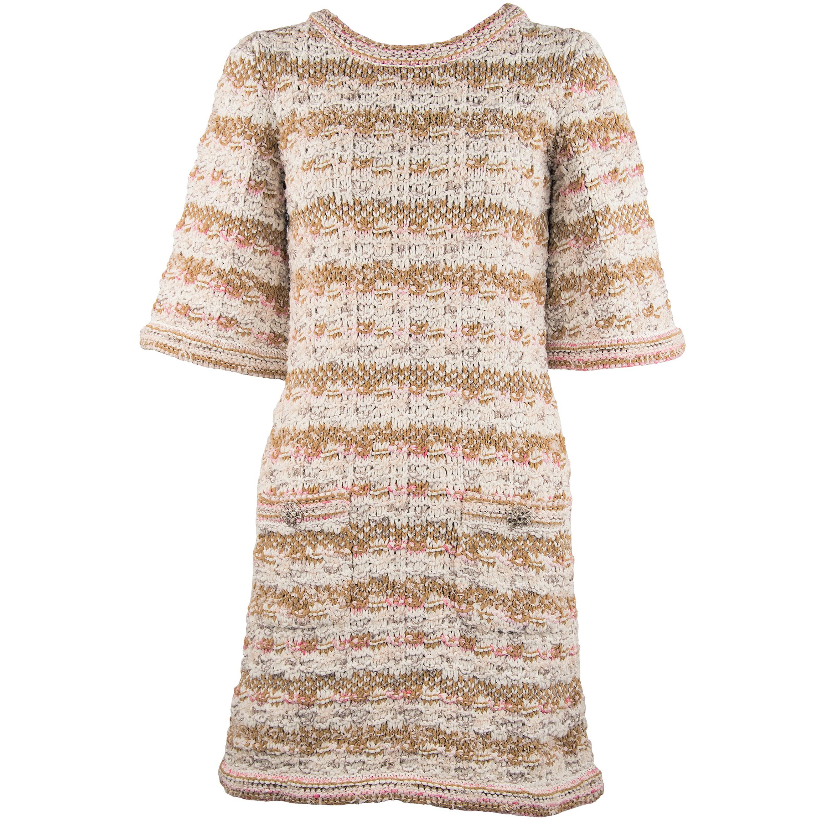 Chanel Resort 2015 Multicolored Woven Shift Dress - Size FR 36 For Sale