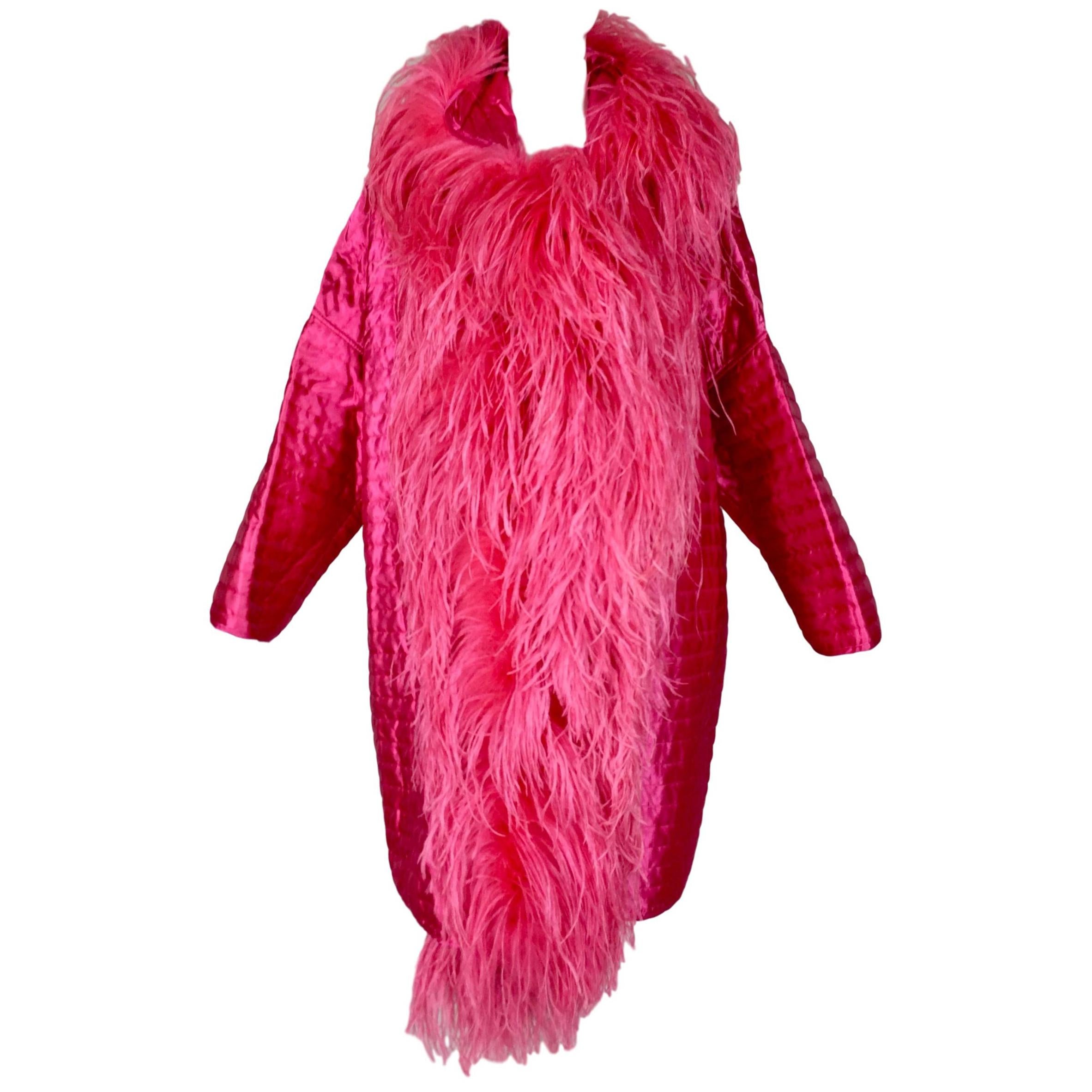 Gianfranco Ferre Pink Quilted Opera Coat Jacket with Feathers, 1990s 