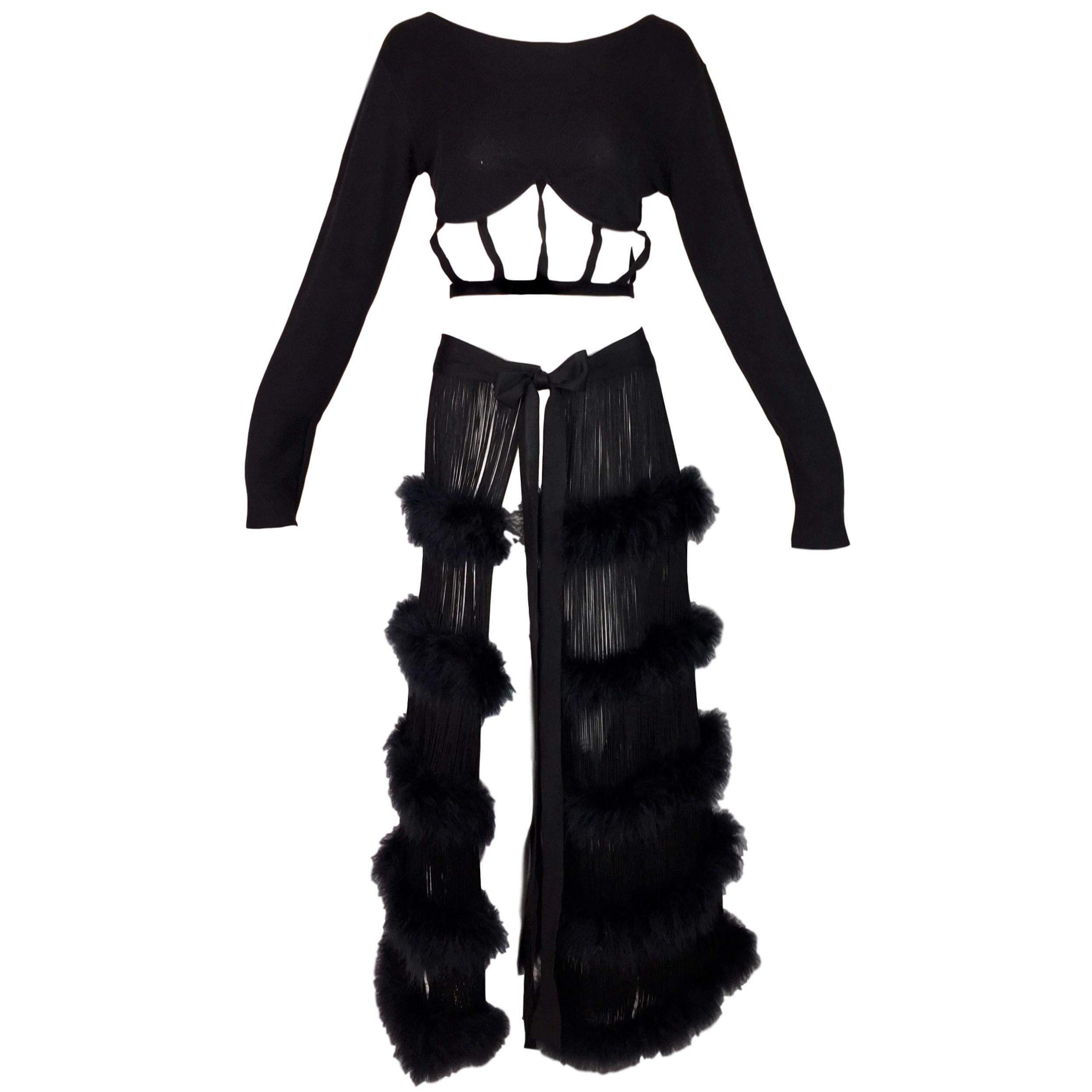 Jean Paul Gaultier Black Cage Bra Crop Top and Sheer Fringe Feather Skirt,  1993 at 1stDibs | sheer caged crop top