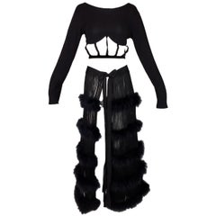 Vintage Jean Paul Gaultier Black Cage Bra Crop Top and Sheer Fringe Feather Skirt, 1993 
