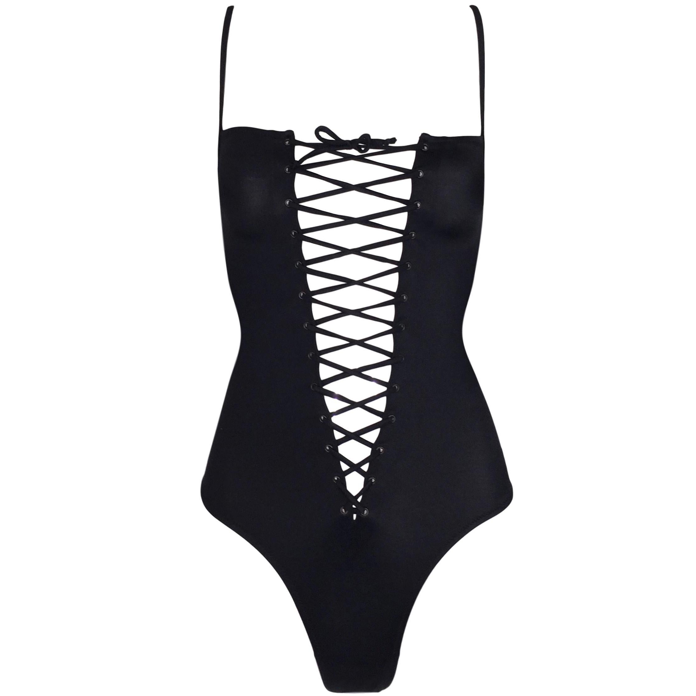 Dolce and Gabbana Black Corset Tie Up Plunging Bodysuit Swimsuit, Circa ...