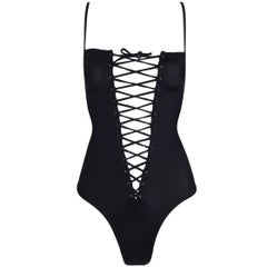 Dolce & Gabbana Black Corset Tie Up Plunging Bodysuit Swimsuit, Circa 2003 