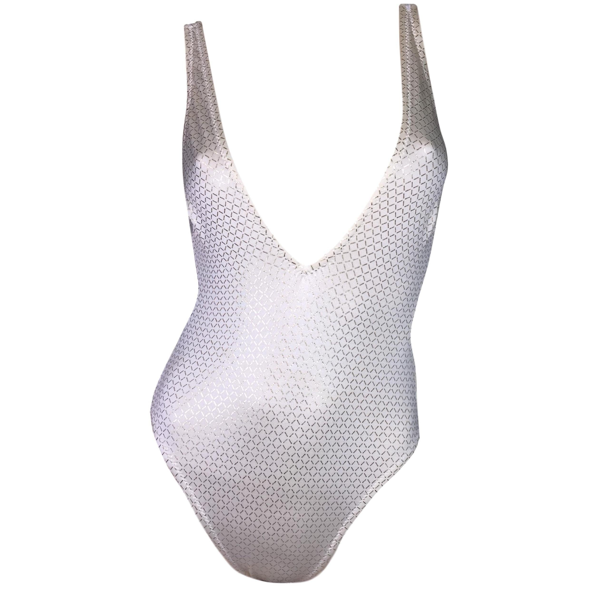 1990's Yves Saint Laurent Ivory & Gold Plunging V Bodysuit Swimsuit