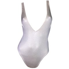 1990's Yves Saint Laurent Ivory & Gold Plunging V Bodysuit Swimsuit