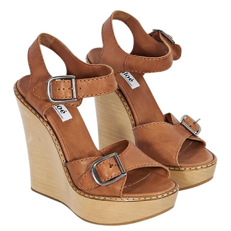 Brown Chloe Leather Wedge Sandals