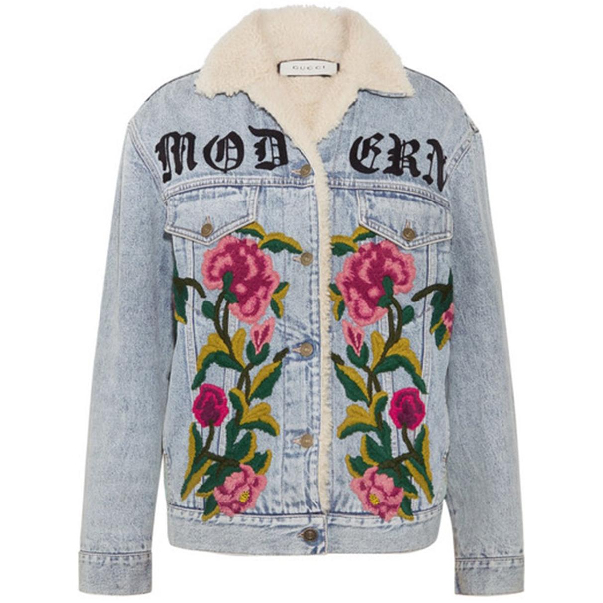 Gucci Shearling Lined Embroidered Denim and Jacquard Jacket 