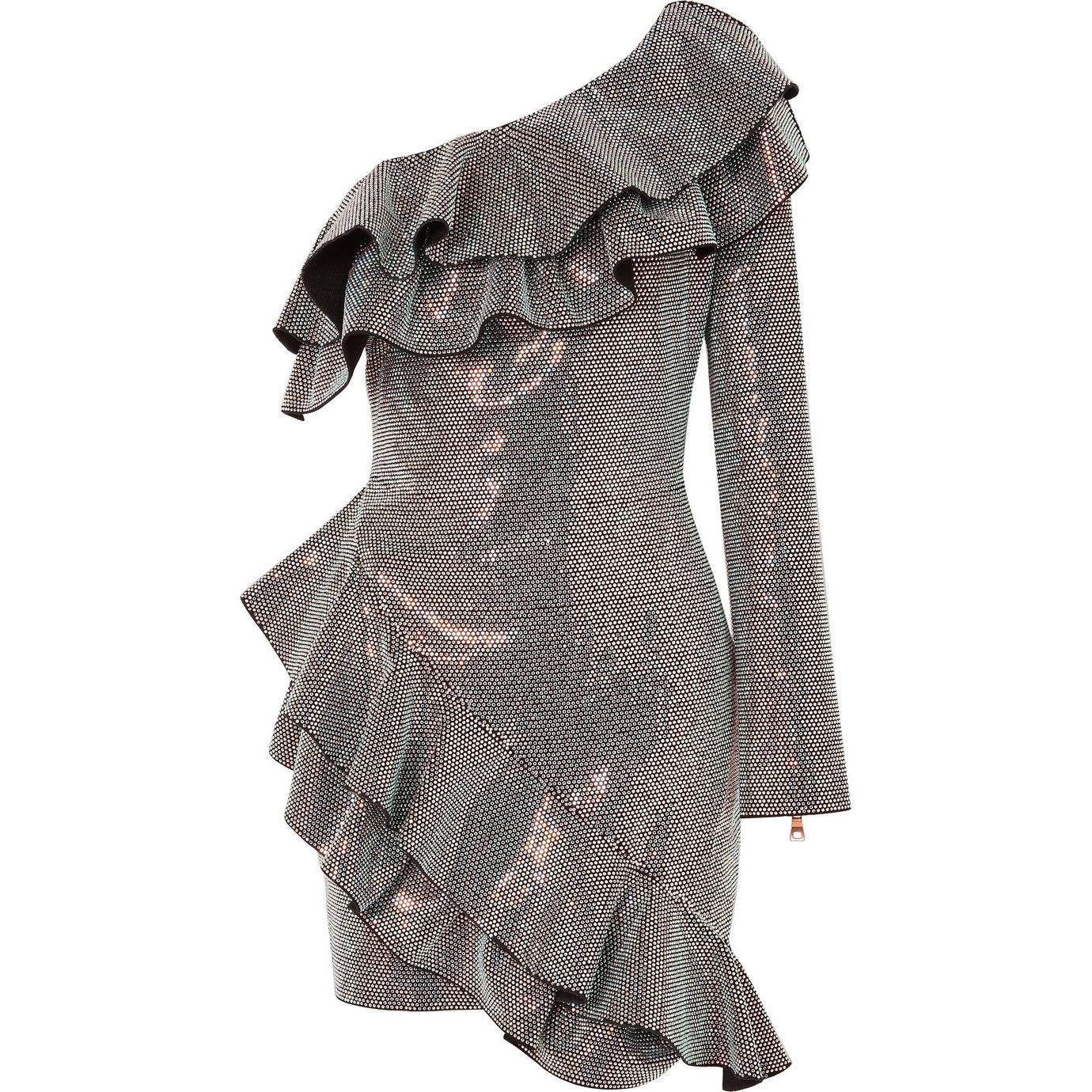 Balmain One-Shoulder Crystal Embellished Ruffled Mini Dress 