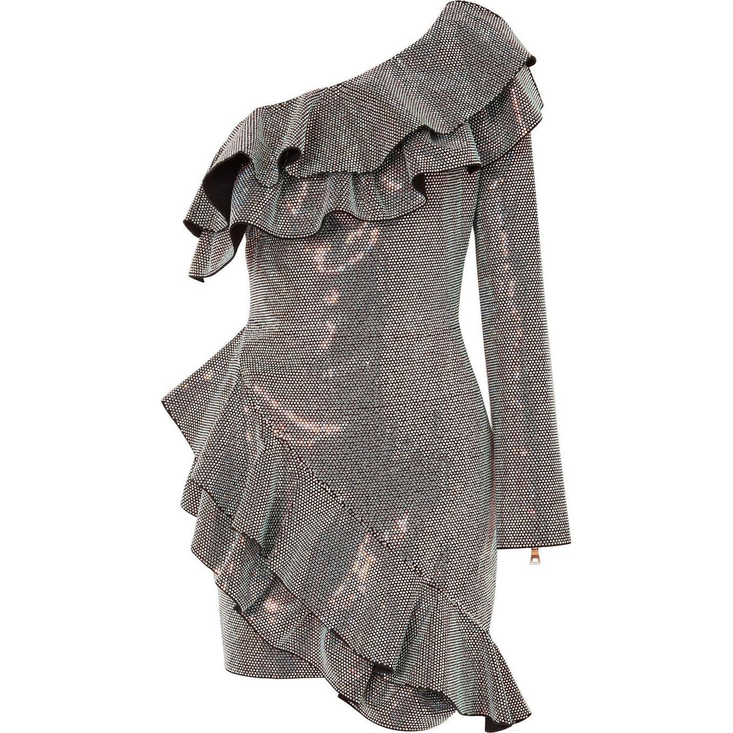 Balmain One-Shoulder Crystal Embellished Ruffled Mini Dress For Sale at  1stDibs | balmain one shoulder dress, balmain crystal dress