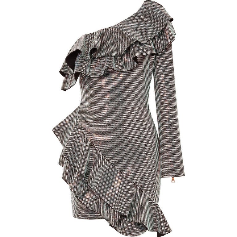 Balmain OneShoulder Crystal Embellished Ruffled Mini Dress For Sale at