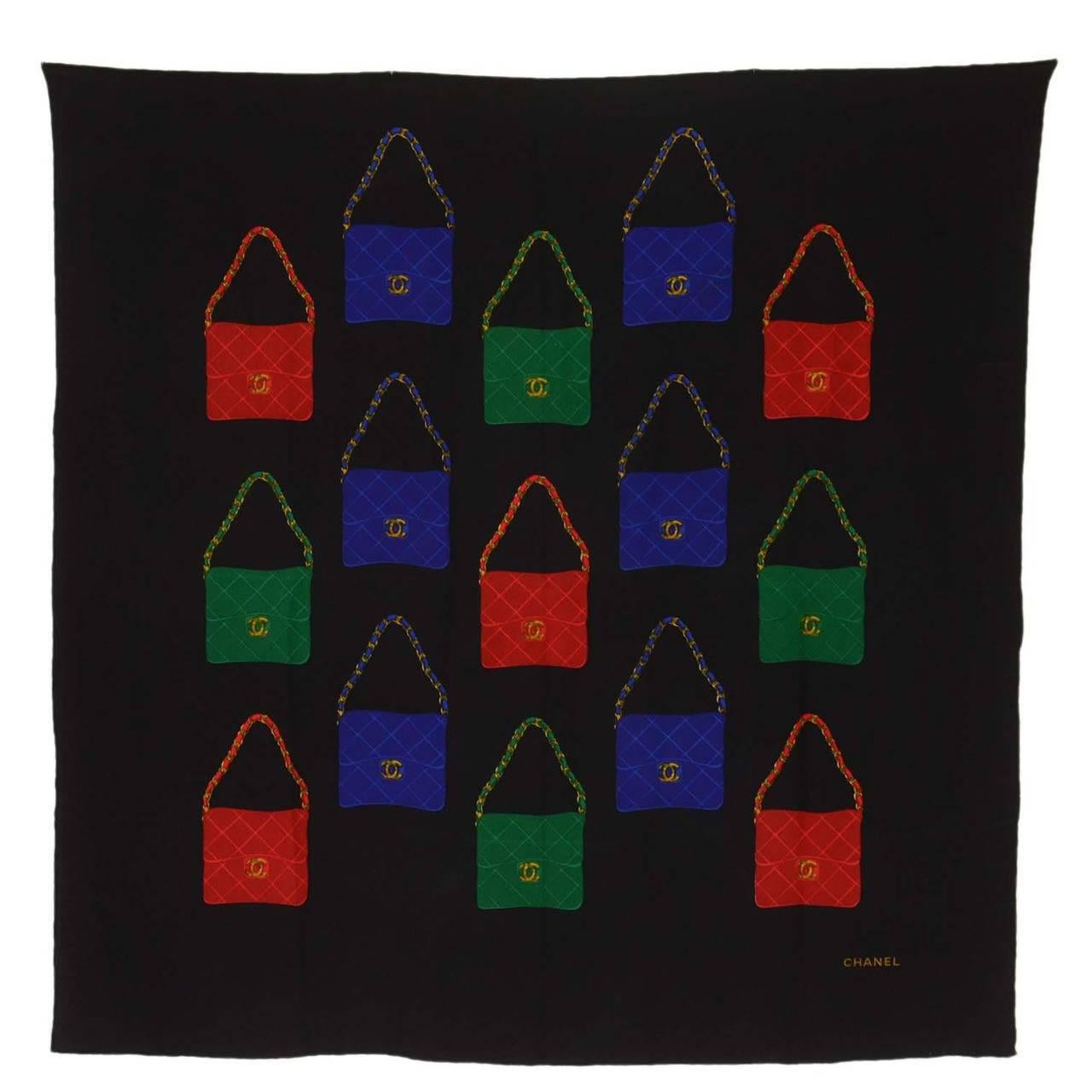 CHANEL Black Silk Scarf w/Blue Red and Green Chanel Classic Bags