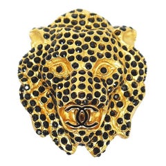 Chanel Vintage Lion Head Rhinestones CC Logo Brooch Pin