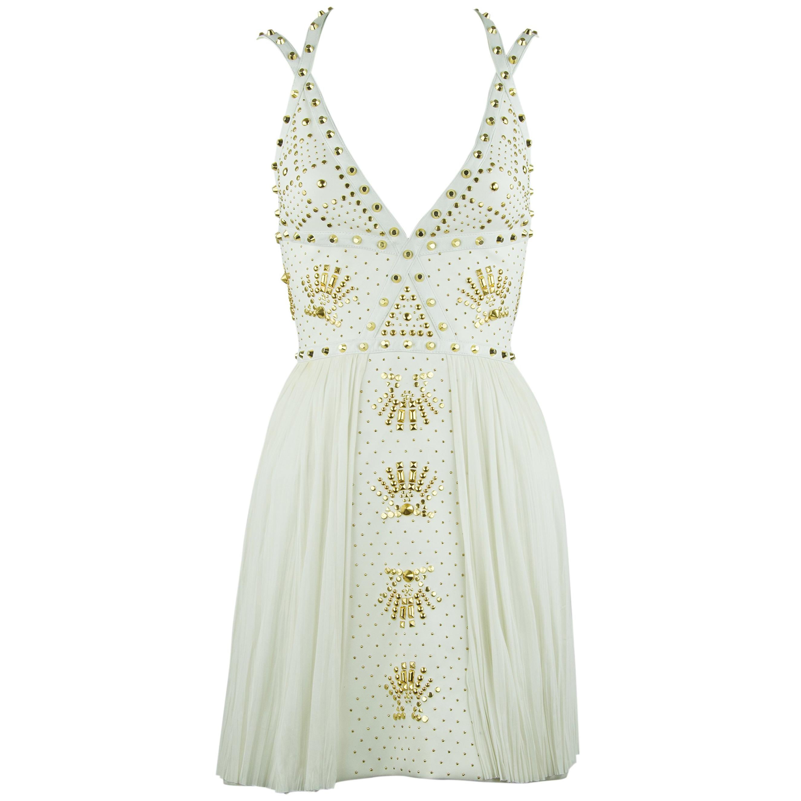 Gianni Versace White Dress with Gold Studs and Leather Trim For Sale at