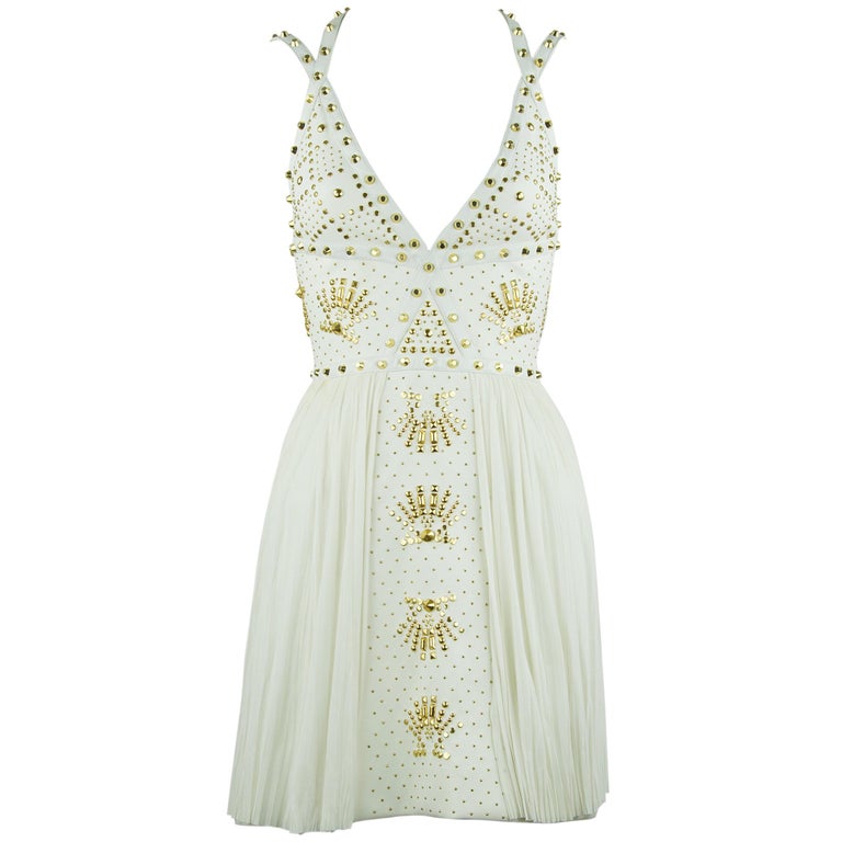 Gianni Versace White Dress with Gold Studs and Leather Trim For Sale at 1stDibs white dress