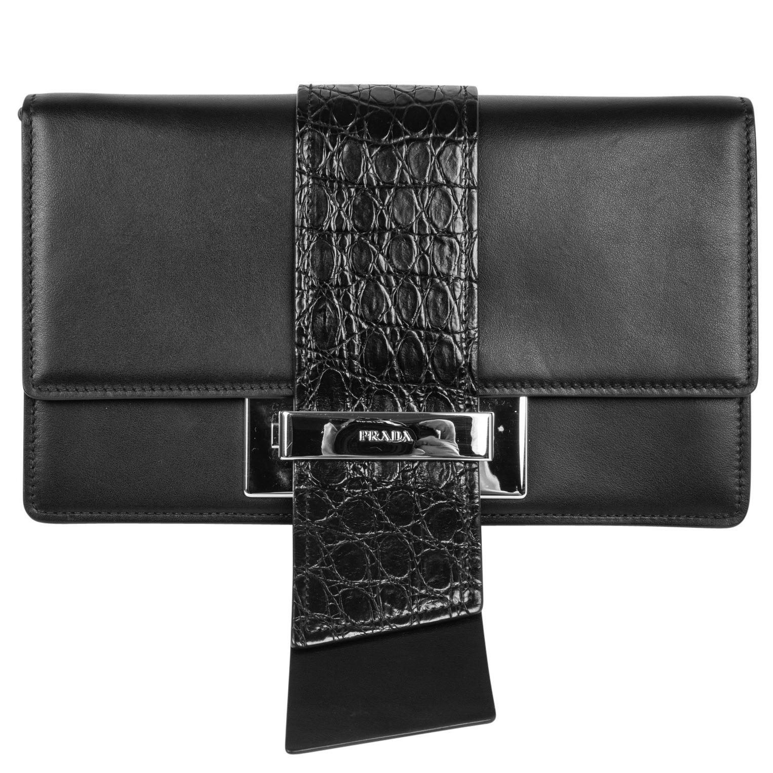 Prada Bag Plex Ribbon Clutch / Shoulder Black w/ Crocodile and Leather Ribbon