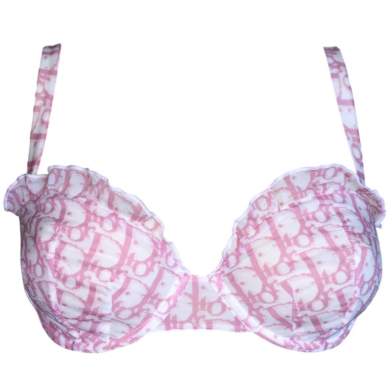 2000 Christian Dior Sheer Pink Monogram Logo Silk Ruffle Bra Top 32D at