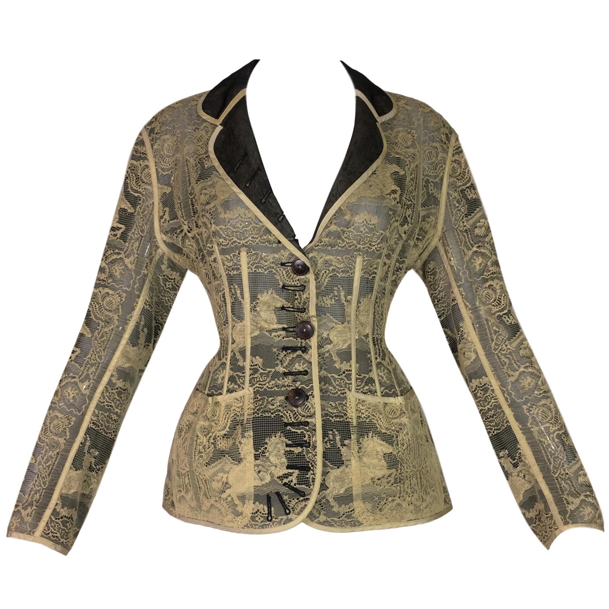 S/S 1988 Jean Paul Gaultier Sheer Chantilly Lace Cowboy Wasp Waist Jacket