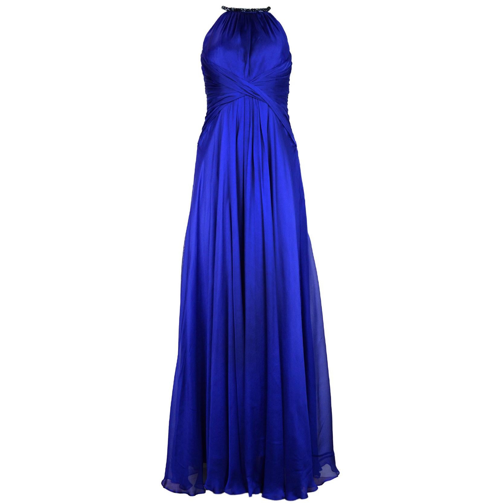 Carmen Marc Valvo NWT Royal Blue Silk Dress w/ Black Beaded Neckline Sz 2