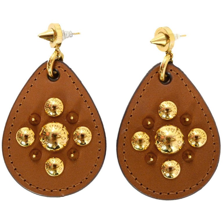 Louis Vuitton Leather Studded Hanging Pierced Earrings at 1stdibs