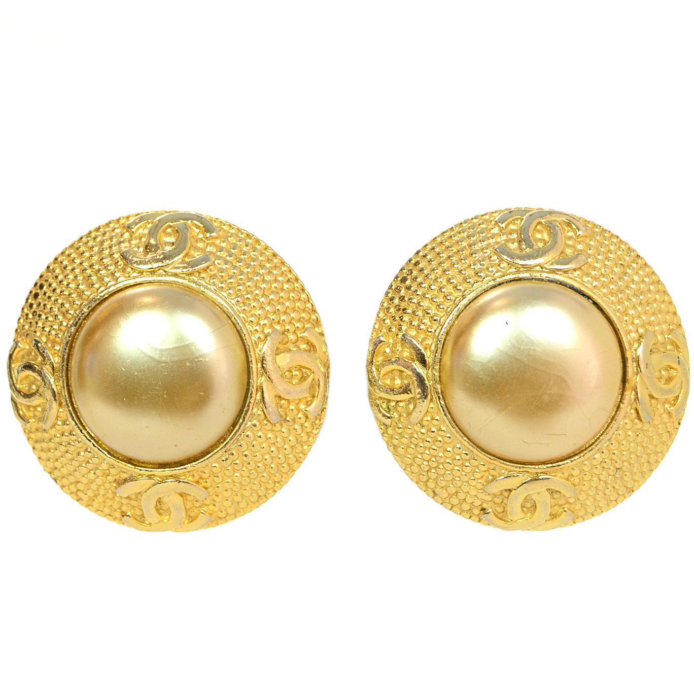Chanel Vintage '90s Goldtone CC Pearl Clip On Earrings