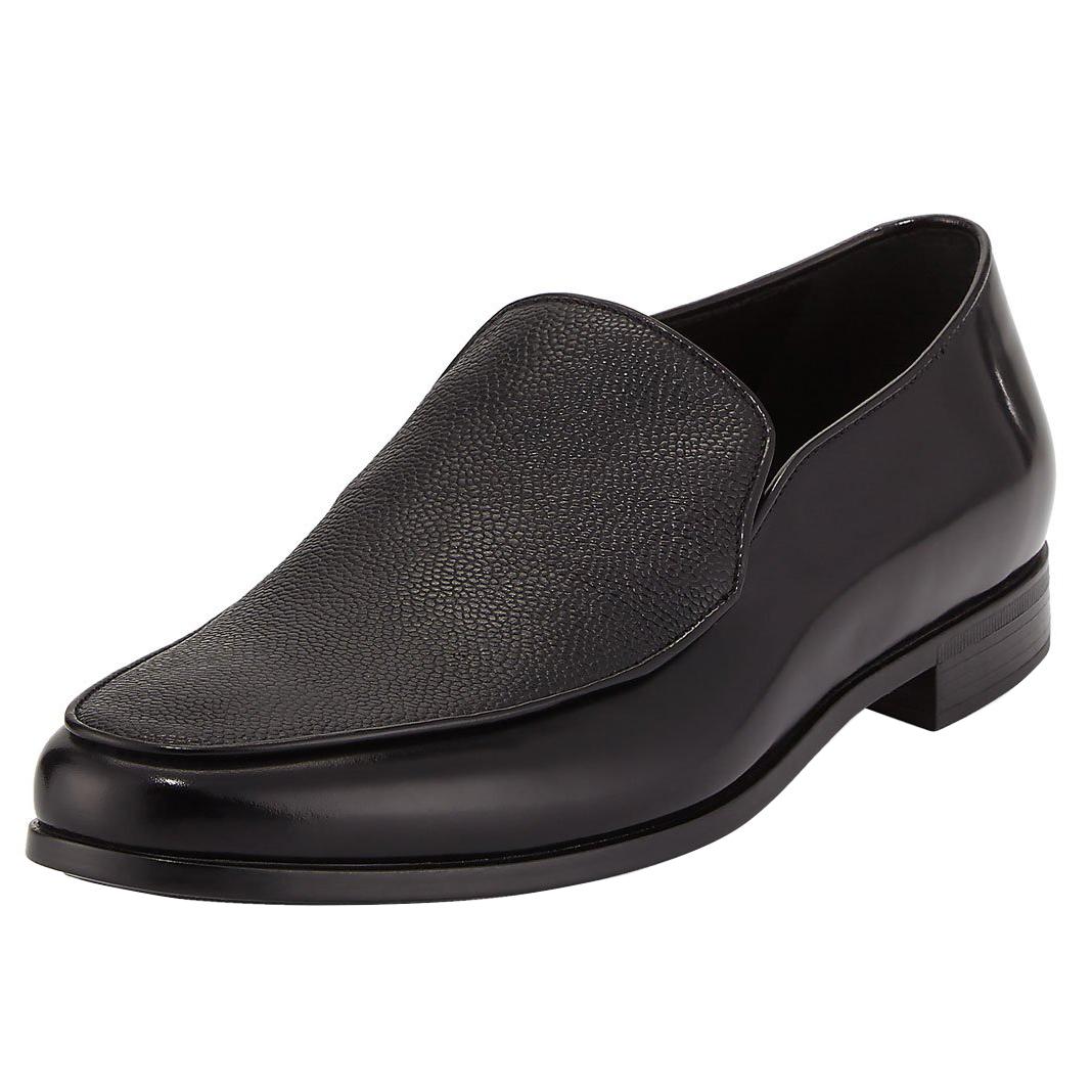 Giorgio Armani Mens Black Saffiano Leather Venetian Loafers For Sale