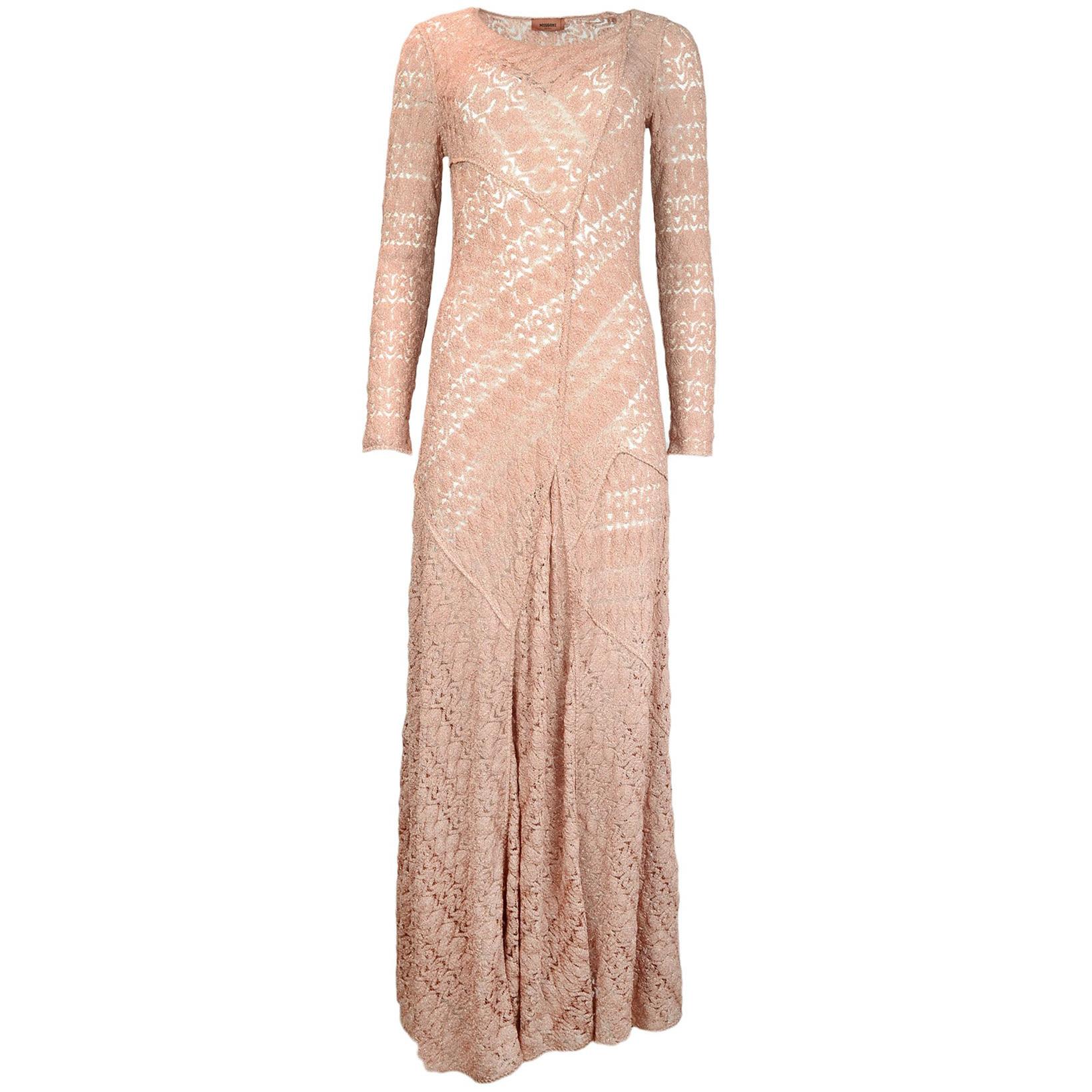 Missoni Pink Rose Gold Sparkle Knit Lace Long Sleeved Maxi Dress 